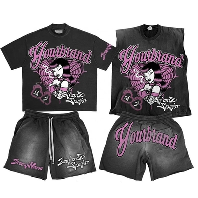 Αγορά Προσαρμοσμένο λογότυπο Acid Wash Hoodies Sweat Shorts Black Crop Top και Sleeveless Tank Top Set online manufacture