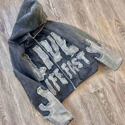 Αγορά Χρωματιστή βιντέο κεντήματα Patchwork Hoodie με πλήρη φερμουάρ και Distressed Applique online manufacture