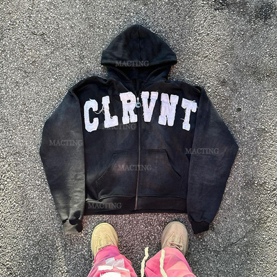 Αγορά Προσαρμοσμένο Logo Streetwear 400gm Stone Wash Zip Up Hoodie σε γκρι με Distressed Patch online manufacture