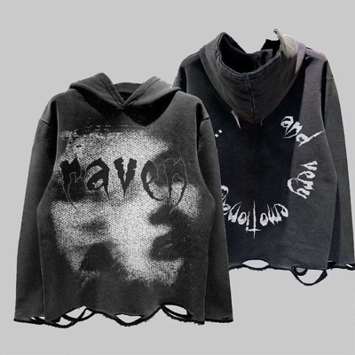 Αγορά Βαμβακερό ύφασμα Unisex Distressed Hoodie Εικονική εκτύπωση Γαλλικό πουλόβερ Terry online manufacture