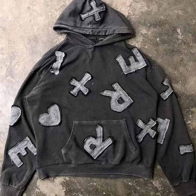Αγορά Ανίχνευση βελόνων Ναι Custom Streetwear Applique Distressed Embroidery Hoodie για άνδρες online manufacture