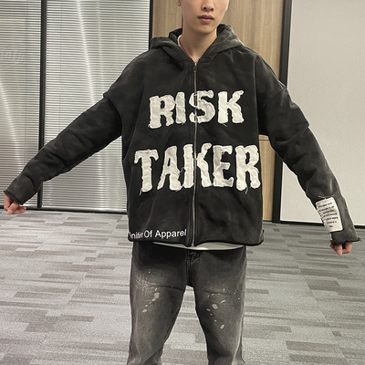 Αγορά Βιντέιζ ασητού πλύματος Zip Up Distressed Embroidery Patch Κόπηκε κόψιμο Eege Raw Hem Hoodie online manufacture