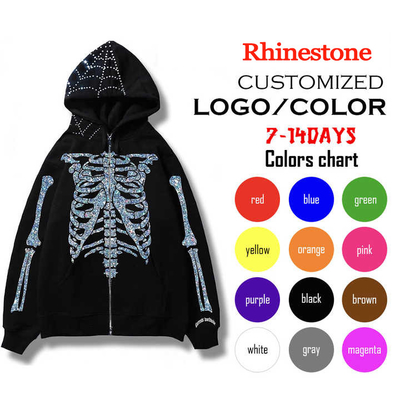 Αγορά Προσαρμοσμένο σχεδιασμό Full Zip Up Hoodie με διπλή στρώση κεντήματα και Rhinestone Bling online manufacture