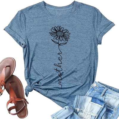 Αγορά Τ-Shirt εκτύπωσης με μεταφορά θερμότητας για γυναίκες Καλοκαιρινές μητέρες μαμά ηλιόφυλλο λουλούδι casual online manufacture