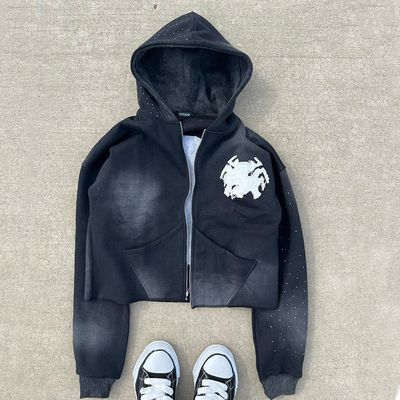 Αγορά Ζιπ επάνω οξύ πλύση Hoodies αναστατωμένη κεντήματα Εφαρμογή Custom Γαλλική Terry Crop Top online manufacture