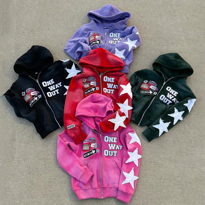 Αγορά Άκρυο πλύσιμο Γαλλικό Terry Hoodie Custom Streetwear Boxy Cropped Distressed Vintage Embroidery Patch Zip Up Hoodie online manufacture