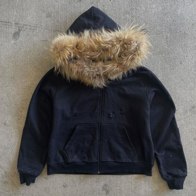 Αγορά Προσαρμοσμένο χειμερινό γαλλικό Terry Hoodie με γούνα Hood Βιντάζ βιολογικό βαμβάκι ανδρών Zip Up ψεύτικο γούνα Hoodie online manufacture