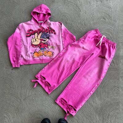 Αγορά Στριτγουόρ Ράινστεον Ζιπ επάνω Hoodie Sweat παντελόνια Set οξύ πλύση Άνθρωπος φόρεμα γυμναστικής Ήλιος ξεθωριασμένο Άνθρωποι φόρεμα online manufacture