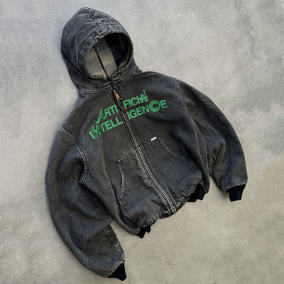 Αγορά Προσαρμοσμένο βαρύ βαρέος Boxy Fit Vintage Acid Wash Τραβηγμένο Distressed Zip Up Denim Hoodie Jacket Άνδρες online manufacture