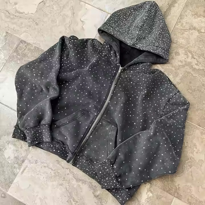 Αγορά OEM βαρύ βάρος φερμουάρ Hoodie Custom 100% βαμβάκι Terry Hoody Sweatshirt Streetwear Rhinestone φερμουάρ Hoodie για άνδρες online manufacture