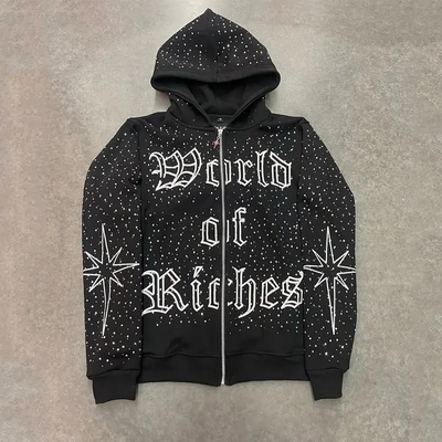 Αγορά Υψηλής ποιότητας κεντήματα Zip Hoodie βαρύ βαμβακερό γαλλικό Terry υπερμεγέθη Hoodies Custom Zipper Rhinestone Zip Up Hoodie online manufacture