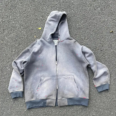 Αγορά Ανθρώπινο Custom Heavyweight Oversize Crop Boxy Zip Up Stone Acid Wash Distressed Hoodie Unisex Sun Fading Zipper Βίντεζ Sweatshirt online manufacture