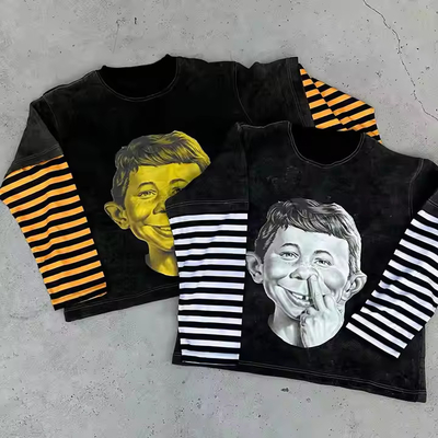 Αγορά Δύο στρώσεις T-Shirt με μακρύ μανίκι για άνδρες Custom Acid Wash 350gm Heavyweight Graphic T-Shirt με γραμμική εκτύπωση online manufacture