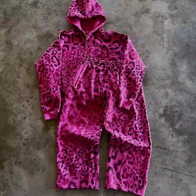 Αγορά Προσαρμοσμένα γαλλικά Terry Tracksuits Leopard Print Zipper Sweatpants και Hoodie Set Baggy Jogger Set Streetwear Men 2 κομμάτια σετ online manufacture