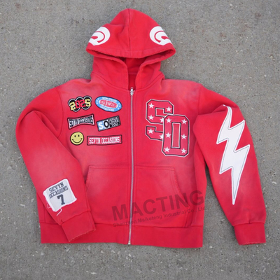 Αγορά Κατασκευαστής Custom Hoodie Ανδρικό Streetwear Vintage Acid Wash Distressed Κέντημα Applique Patchwork Acid Wash Hoodie online manufacture
