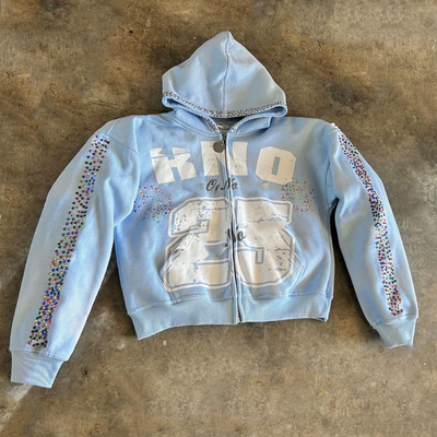 Αγορά Custom Γυναικείο Ανδρικό Unisex 100% Βαμβακερό Βαρύ Βάρος 500 Gsm Μεταξοτυπία Oversize Boxy Zip up Rhinestone Hoodie online manufacture