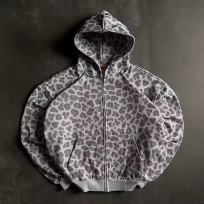 Αγορά Προσαρμοσμένο σχεδιασμό Zipper Plus Size Boxed Cropped Leopard Print Zip up Vintage Cotton Terry Acid Wash Streetwear Hoodies για άνδρες online manufacture
