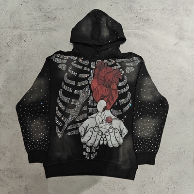 Αγορά Hoodies Custom Υψηλής Ποιότητας Streetwear Skeleton Skulls Graphic Pullover Vintage Acid Wash Sun Faded Rhinestone Hoodie Ανδρικά online manufacture