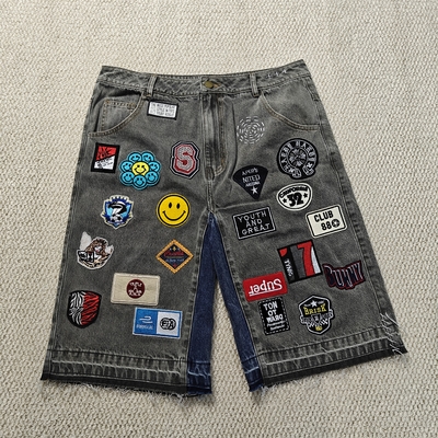Αγορά Ειδικά κεντημένα μπαλώματα με λογότυπο, φαρδιά τζιν σορτς, streetwear, υψηλής ποιότητας, ακατέργαστο τελείωμα, vintage τζιν σορτς για άνδρες online manufacture