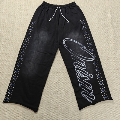 Αγορά Προσαρμοσμένα Joggers Παντελόνια Φόρμας Oversized Βαμβακερό French Terry Ίσιο Πόδι Baggy Acid Wash Flared Rhinestone Παντελόνια Φόρμας Άνδρες online manufacture