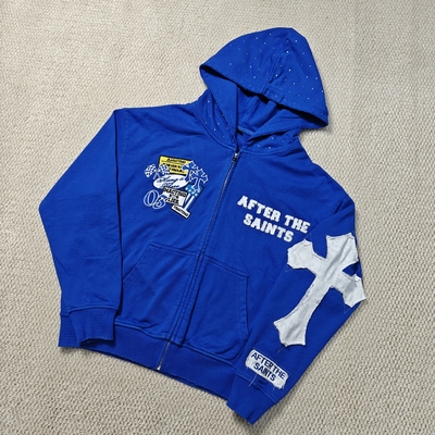 Αγορά Ανδρικό Χειμωνιάτικο Streetwear Βαρύ Βάρος 420 gsm Distressed Κέντημα Βαμβακερό French Terry Rhinestone Κουκούλα Zip Up Hoodie online manufacture