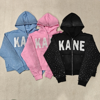 Αγορά Custom 2025 New Dirty Washed Mens hoodies Y2k Streetwear Vintage Distressed Applique Embroidery Rhinestone Zip up Hoodie online manufacture