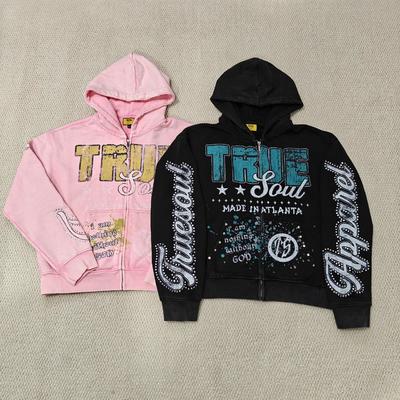 Αγορά Custom DTG Screen Printing Boxy Heavyweight Zipper Jackets Cotton Distressed Rhinestone Zip up Men Hoodie online manufacture