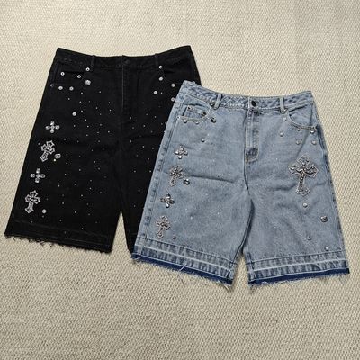 Αγορά Clothing Manufacturers Custom Streetwear Rhinestone Vintage Black Jeans Shorts Rhinestone Denim Shorts Jorts for Men online manufacture
