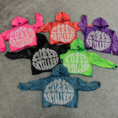 Άνδρες Vintage Μεγάλο μεγέθος Λουσμένο με οξύ Ζιπ Ακατέργαστο Χέμ Ράινστεον Κριπτό Hoodie Προσαρμόσιμη