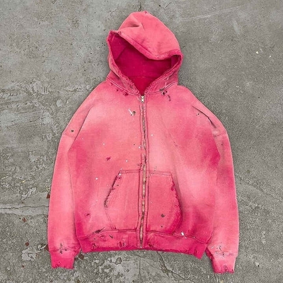 Ελαφρύ 400 gsm βαμβάκι Zip Up Hoodie Βίντεζ Αναστατωμένος Ροζ ήλιος Λάμψει Γαλλικό Terry