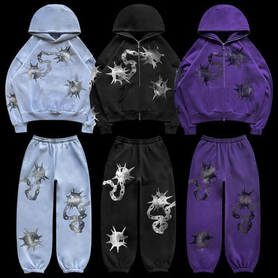 Στριτγουόρ Y2k Unisex Full Face Zip Up Bling String Hoodie Set 100% Βαμβάκι Custom Men