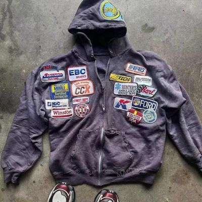 Άνδρες βαρέος βάρος οξύ πλύση Hoodie με ράψιμο patchwork και Distressed Applique