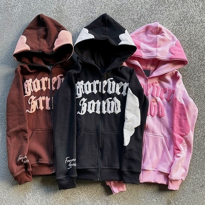 Ανδρικό Hoodie Full Face Zip Up Hoodie Puff Print καφέ Γάλλος βαρέος ύφασμα Terry