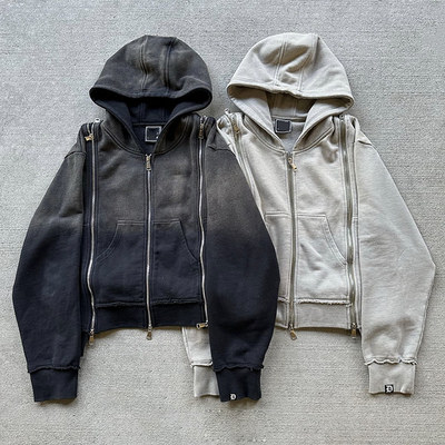 Προσαρμοσμένο Patch Triple Zip Up βαρύ βάρος Γαλλικό Terry Λάμψει οξύ πλύση Hoodie
