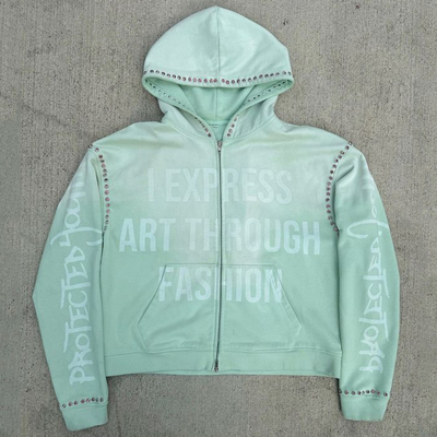 Προσαρμοσμένο πετράδι φερμουάρ βαρύ βάρος Hoodie Vintage πλυμένο με οξύ Baggy Boxy Fit κομμένο Rhinestone Hoodie