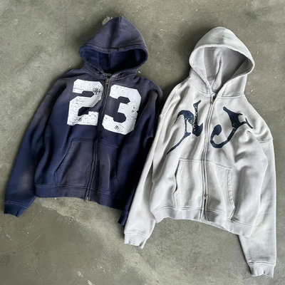Προσαρμοσμένο 400 Gsm Μεγάλη εκτύπωση οθόνης Hoodie Streetwear Άνδρες Πρωταθλήματα Βαμβάκι Πλυμένο Βίντεζ Double Zip Up Hoodie