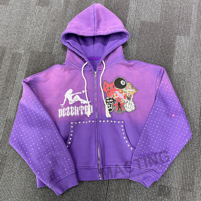 Προσαρμοσμένα ρούχα δρόμου Βίντεζ Πλυμένα Hoodies Sun Fading Patchwork Πλακέτα Rhinestone Κουτάκι Κούρεμα Zip Up Hoodie για άνδρες