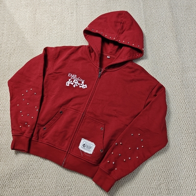 Προσαρμοσμένο Καθαρισμένο Κόκκινο Hoodie Αναστατωμένο Βραβευμένο Βαμβάκι Γαλλικό Terry Gemstone Μαργαριτάρια Υπερμεγέθη Boxed Zip Up Hoodies για άνδρες