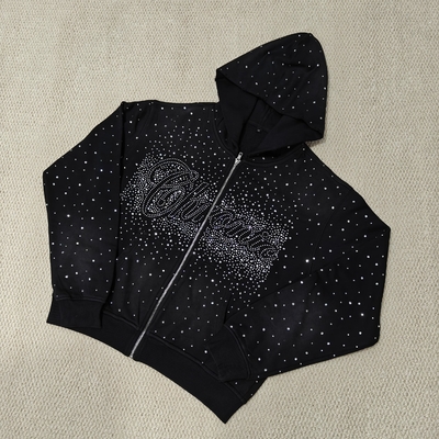 Custom Bulk Luxury Shining Gemstone Oversized Rhinestone Zip up Hoodie Acid Wash Vintage Streetwear Zipped Hoodie for Men